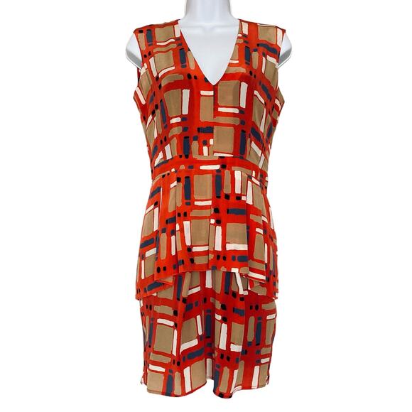 Hunter Dixon Silk Peplum Dress Sleeveless V-Neck Geometric Tribal Print Size 4 - Picture 1 of 16